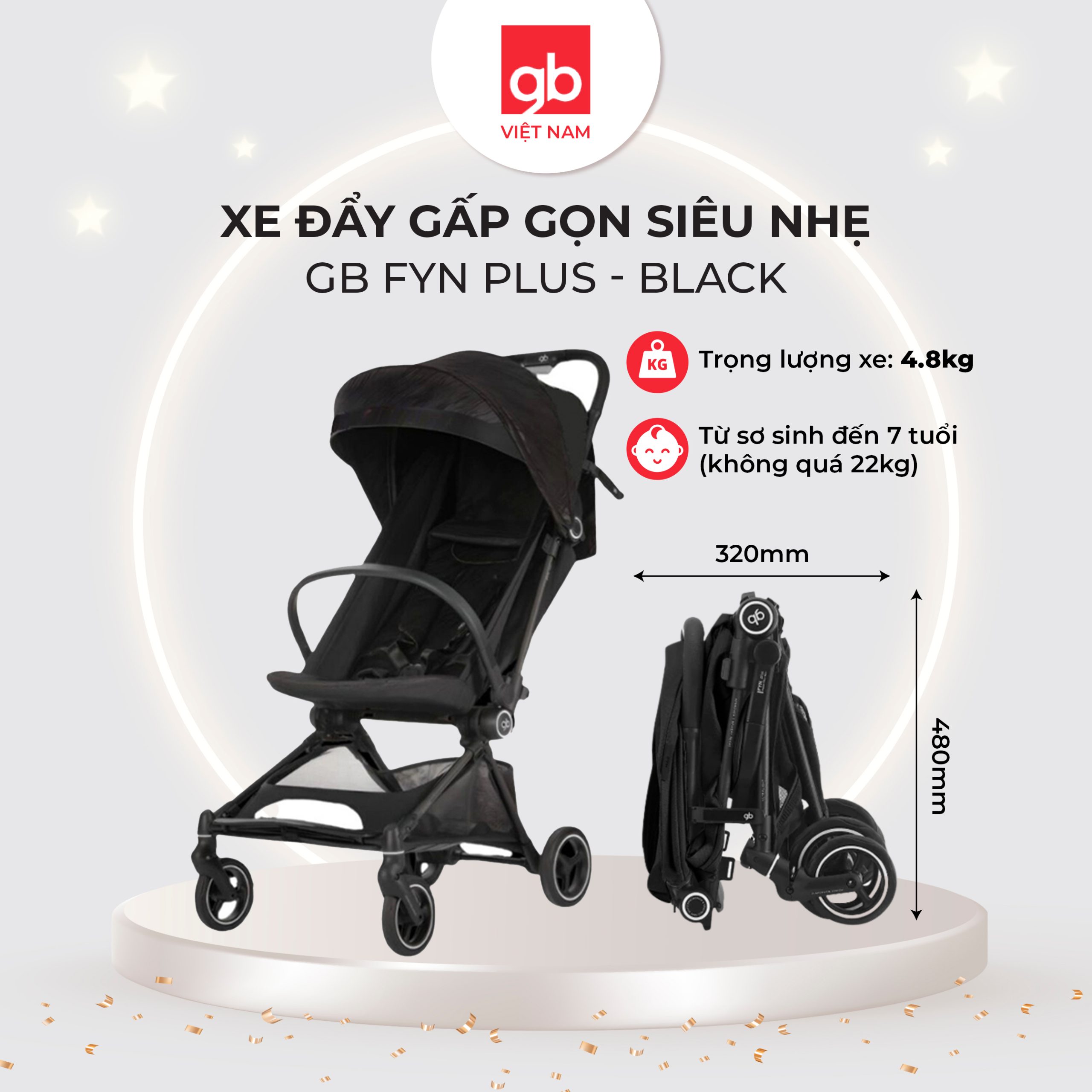 Xe đẩy gấp gọn siêu nhẹ GB FYN PLUS BLACK WX, Black