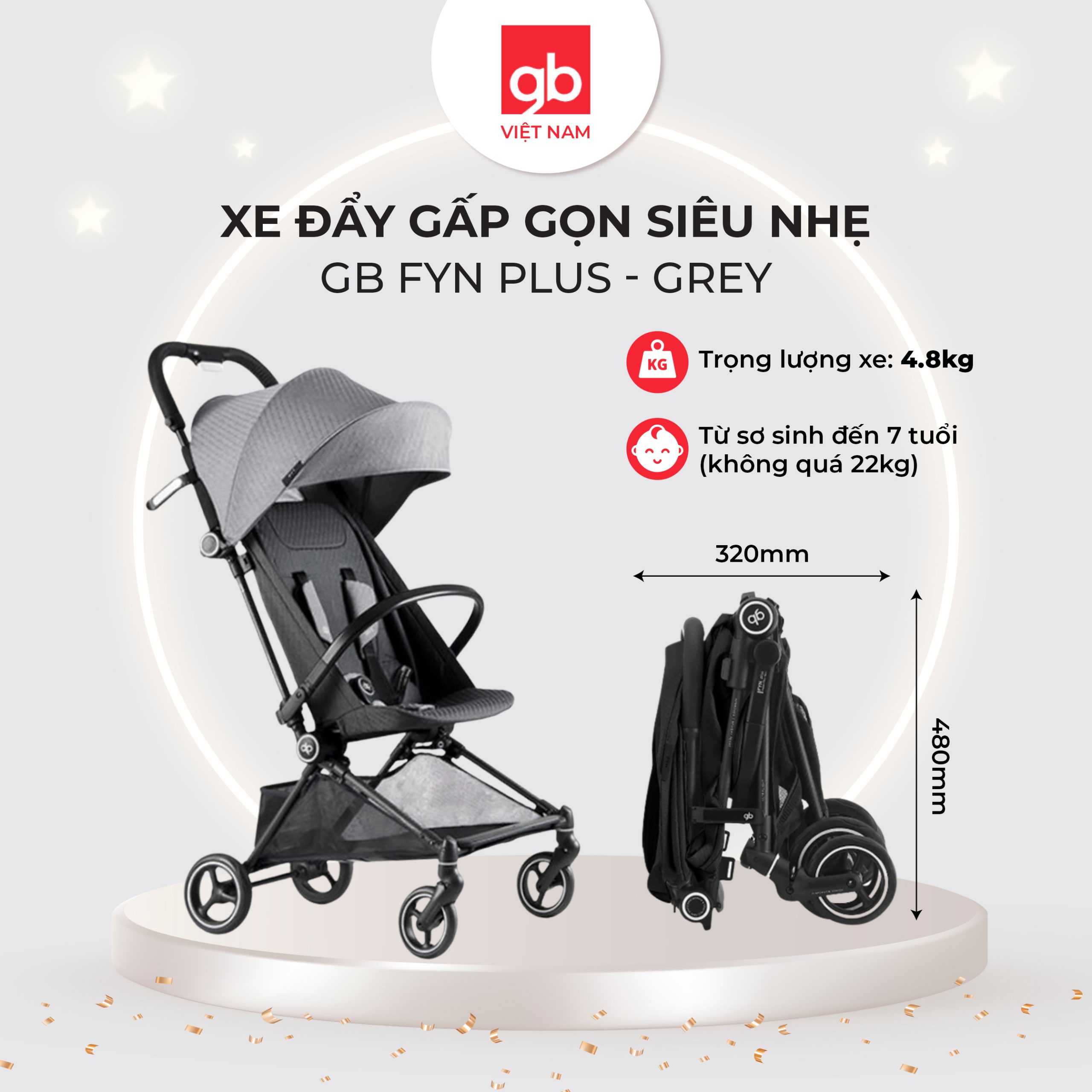 Xe đẩy gấp gọn siêu nhẹ GB FYN PLUS 0133G, Grey