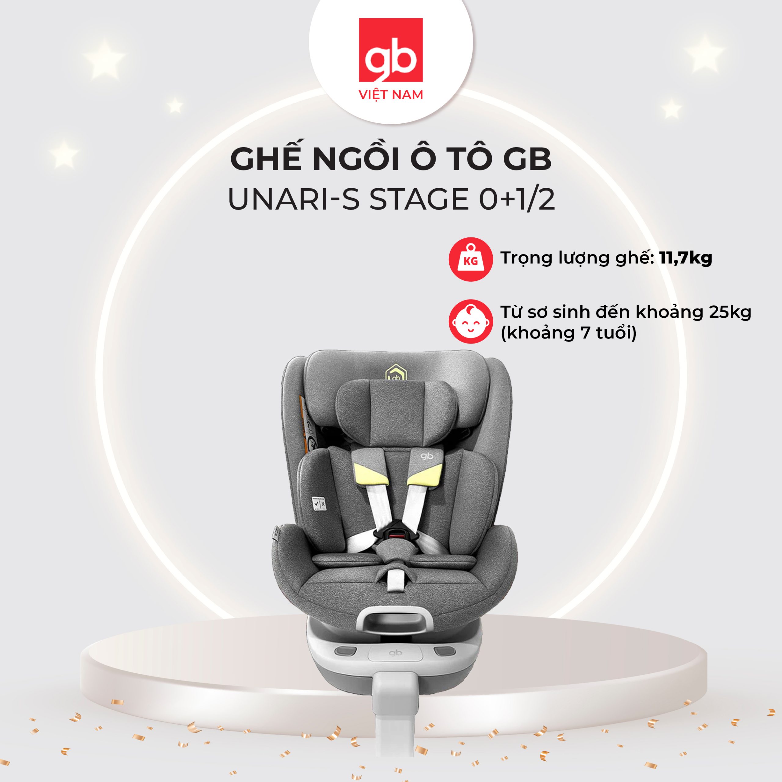 Ghế ngồi ô tô Gb Unari-S Stage 0+1/2 (từ 0-7 tuổi), Grey