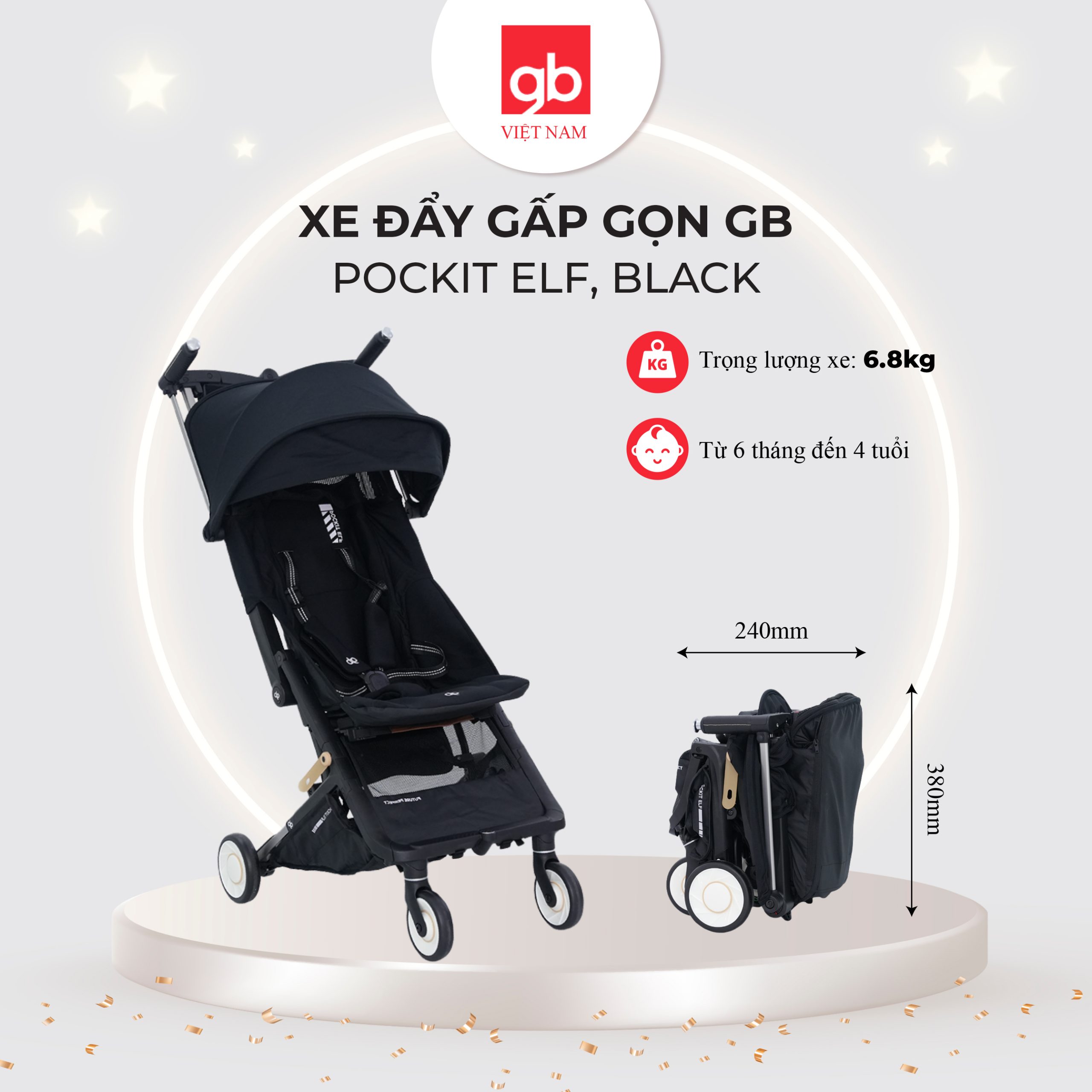 Xe đẩy gấp gọn GB Pockit ELF, Black