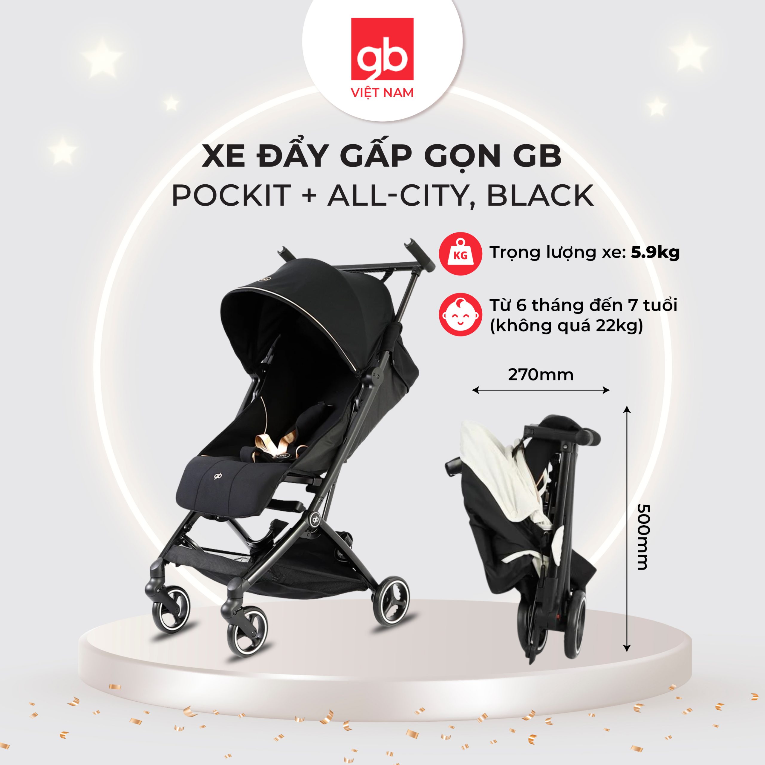 Xe đẩy gấp gọn GB Pockit + All-City, Black