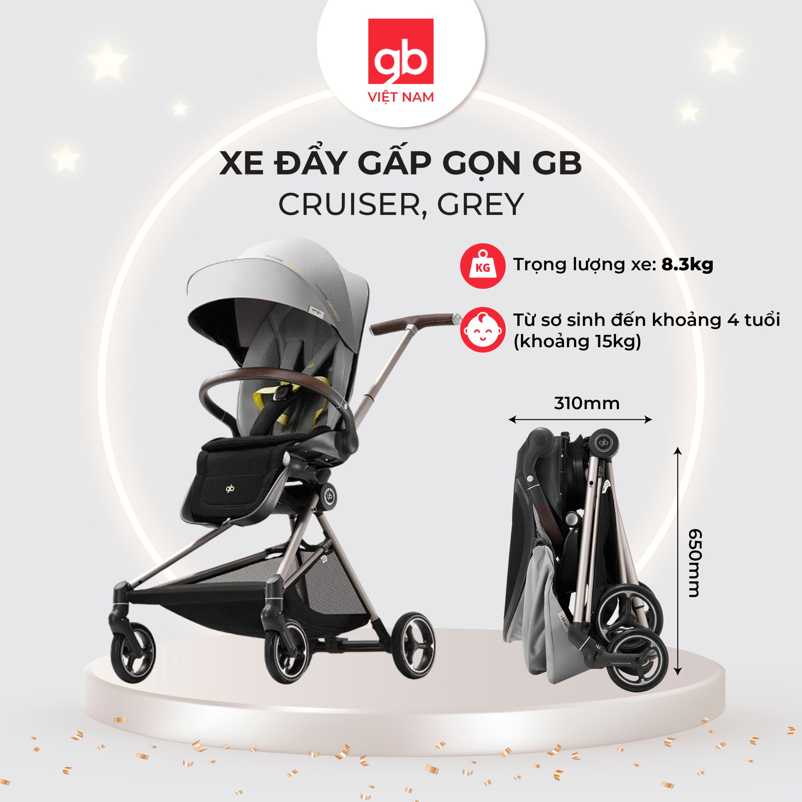 Xe đẩy gấp gọn GB Cruiser, Grey