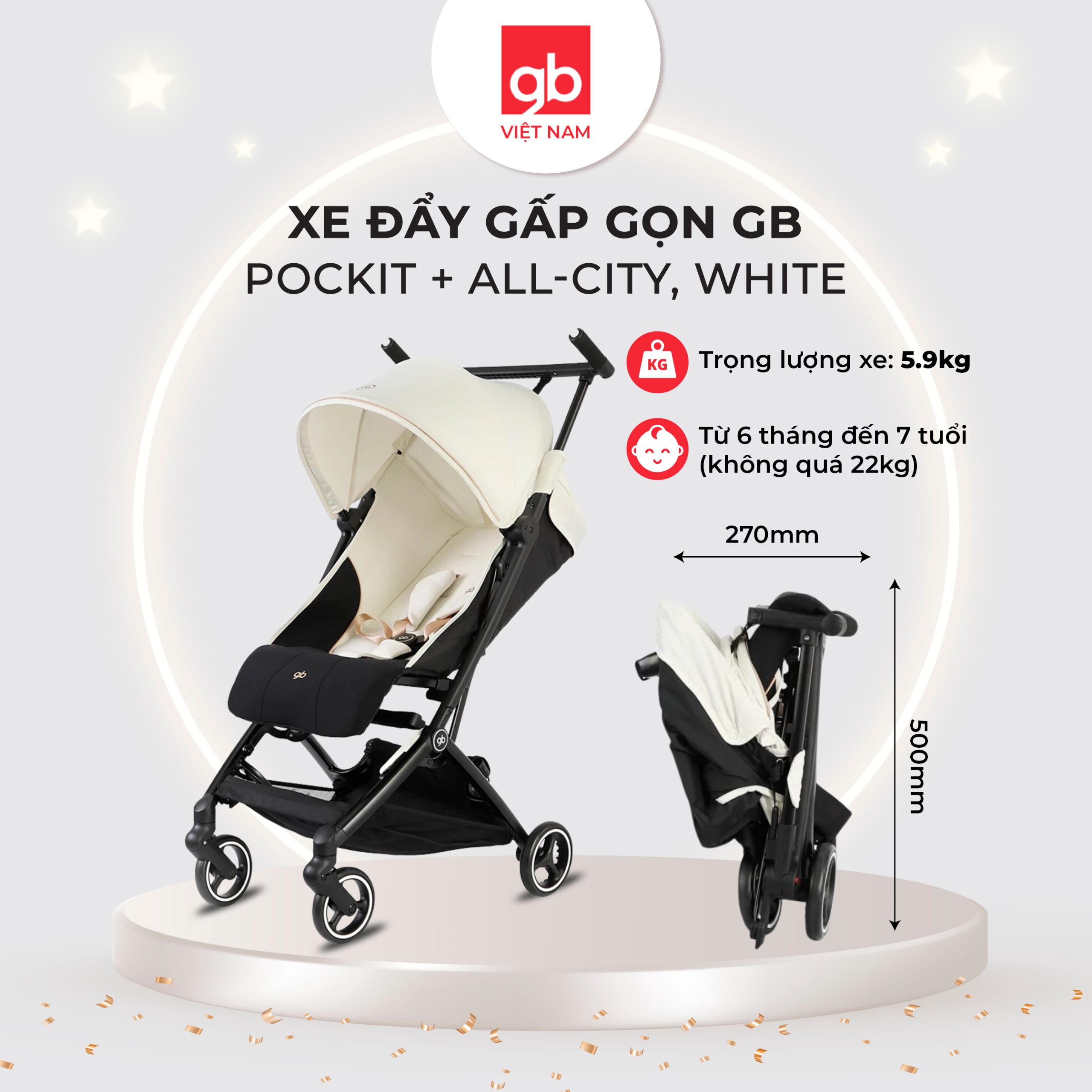 Xe đẩy gấp gọn GB Pockit + All-City, White