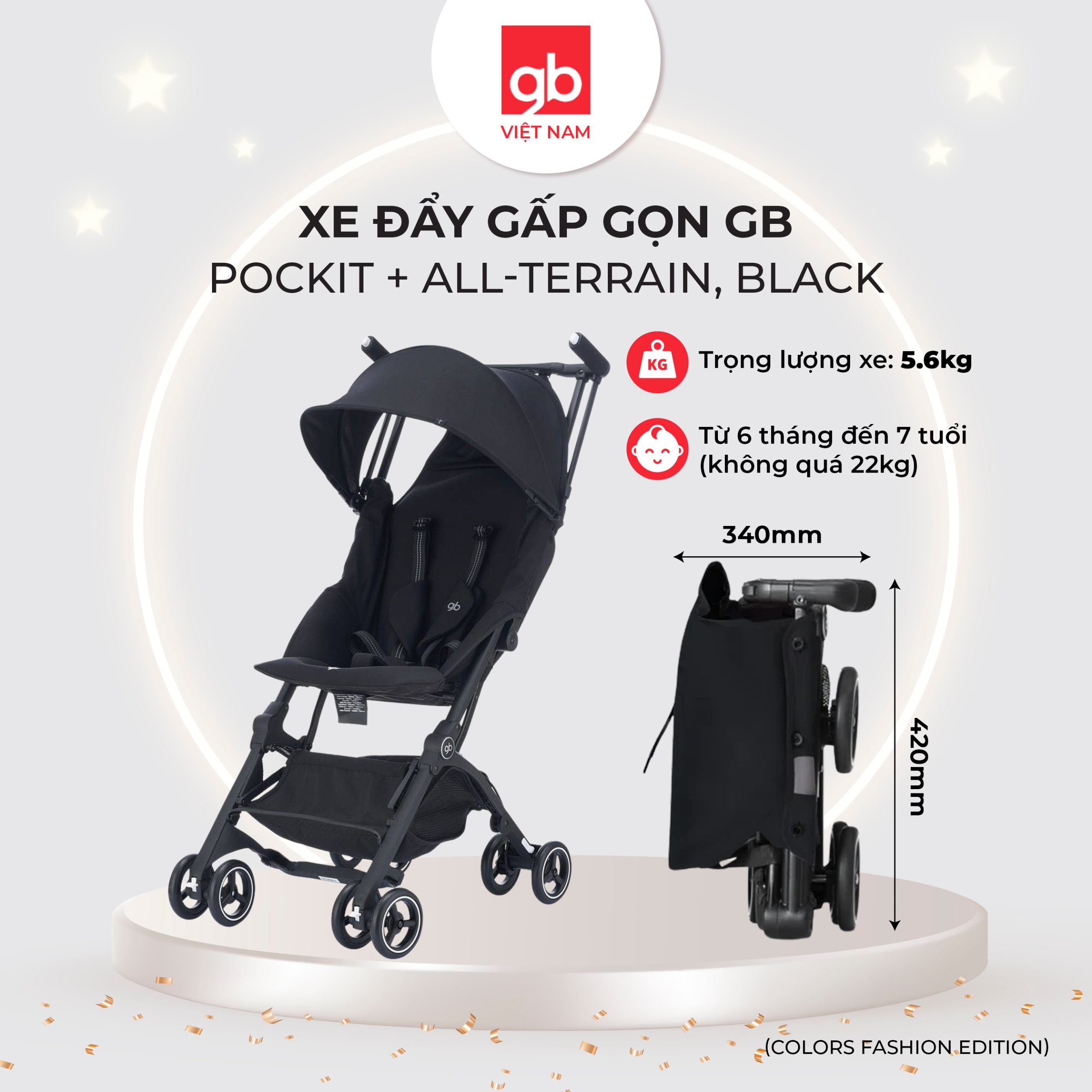 Xe đẩy gấp gọn GB Pockit + All-Terrain, Black, Dây đai đen sọc trắng