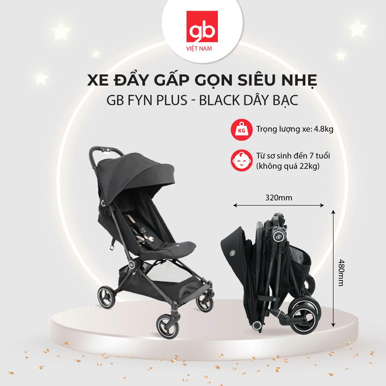 Xe đẩy gấp gọn siêu nhẹ GB FYN PLUS 0177B dây đai bạc, Black